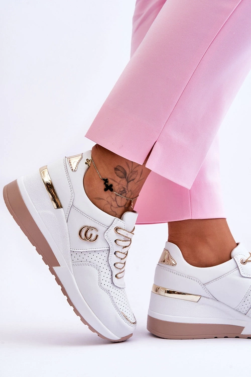 Damskie Skórzane Buty Sportowe Na Koturnie Biało-Złote Rebeca