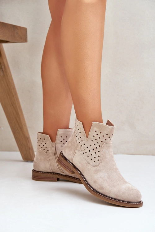Botki Na Płaskim Obcasie Z Ażurową Cholewką Jasnobeżowe Elivaya