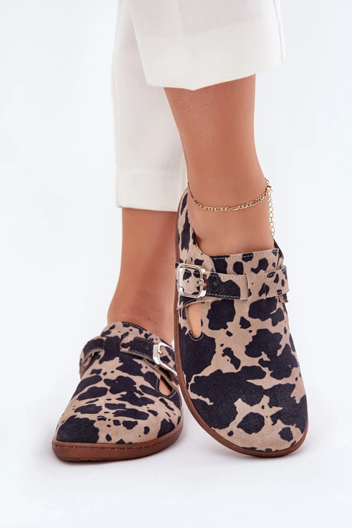 Zamszowe Półbuty Barefoot Damskie Z Klamrą Łaty Zazoo N1261 Brązowo-Beżowe