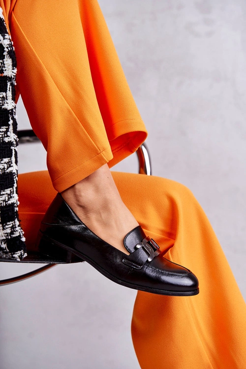 Modne Skórzane Półbuty Loafery Czarne Trine