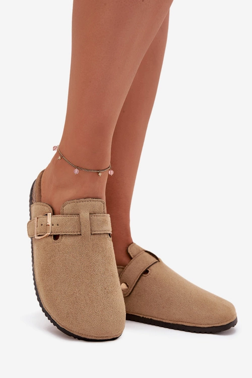 Klapki Chodaki Damskie Na Korkowej Platformie Ze Złotą Klamrą Big Star SS274738 Beżowe