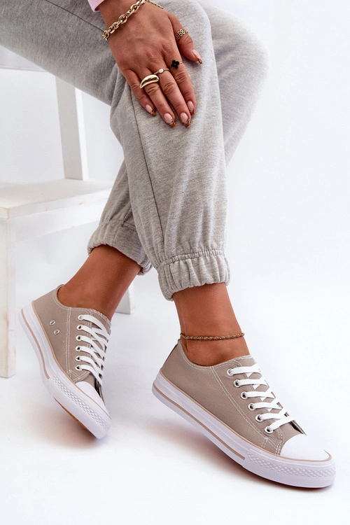 Damskie Materiałowe Klasyczne Niskie Trampki Ciemnobeżowe Lennabella