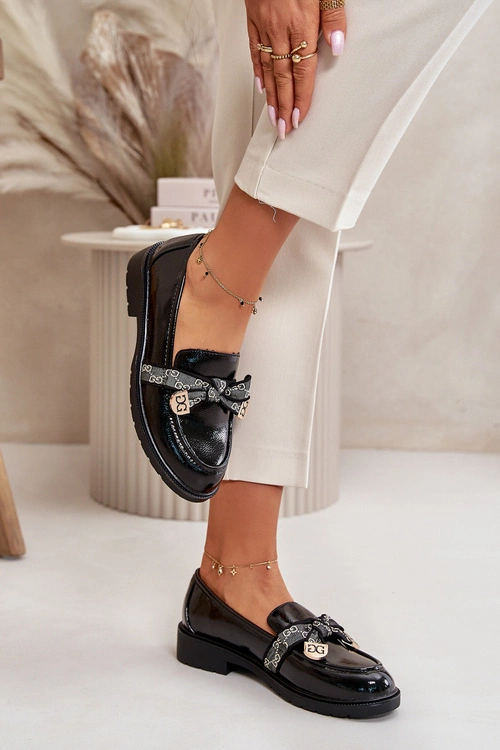 Lakierowane Damskie Mokasyny Z Kokardą S.Barski HY42-331A Czarne