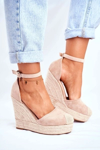 Sandały Damskie Na Koturnie Lniane Beżowe Avocado