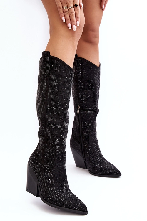 Zdobione Dżetami Kozaki Kowbojki Damskie Przed Kolano Czarne Poelstra