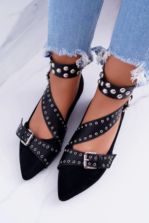 Lu Boo | Czarne Baleriny Paski Nity W Szpic Esteria