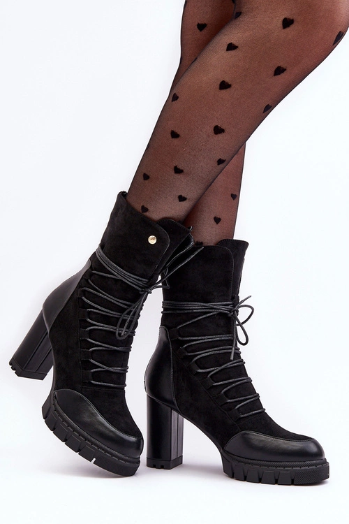 Damskie Botki Na Słupku Z Wiązaniem Czarne Artie