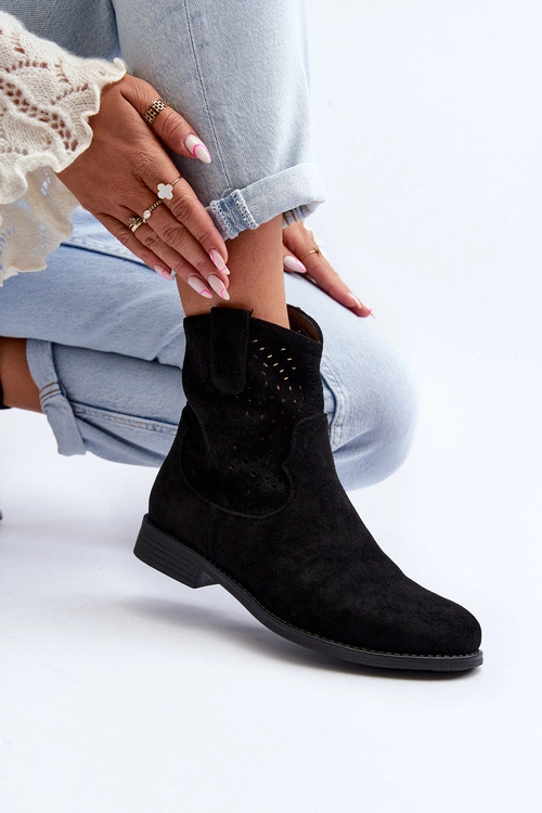 S.Barski HY66-135 Damskie Ażurowe Botki Na Płaskim Obcasie Czarne