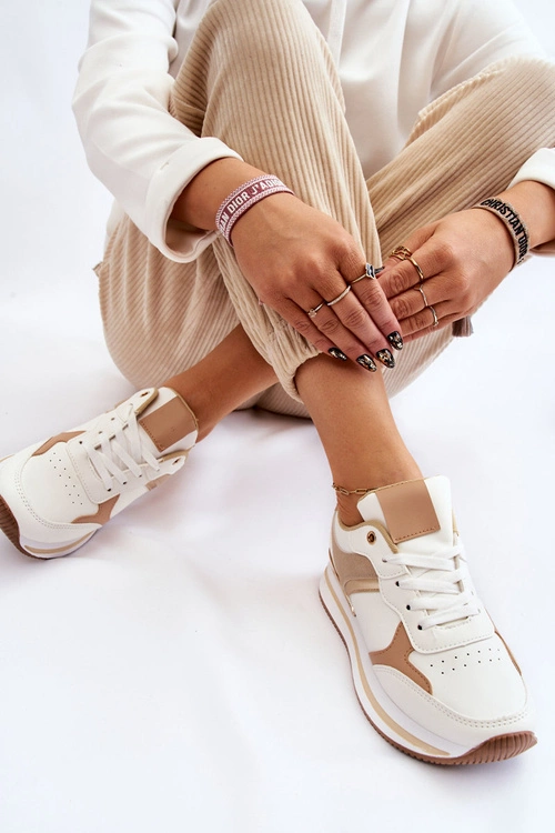 Damskie Modne Buty Sportowe Na Koturnie Biało-Beżowe Yuki