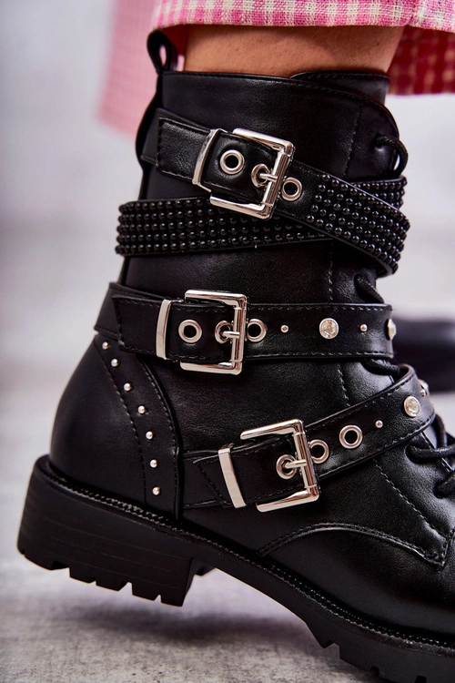 Damskie Skórzane Botki Z Ozdobnymi Paskami Czarne Russo