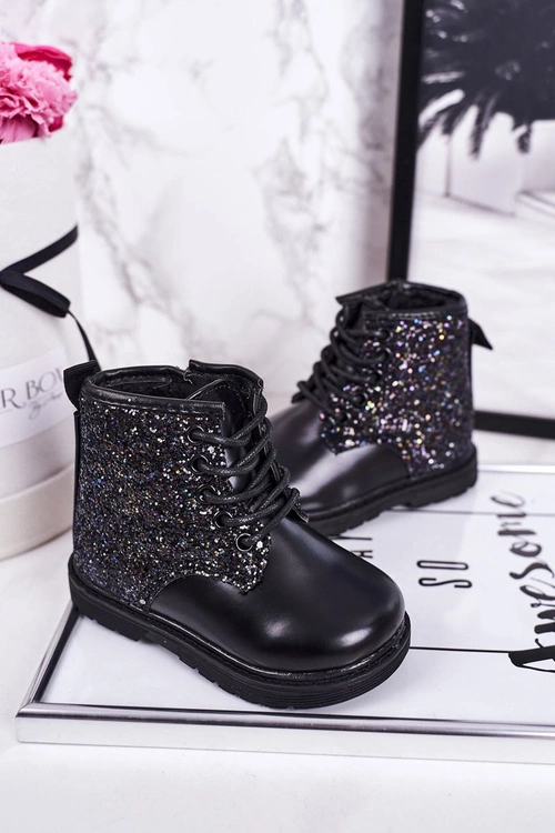 Dziecięce Brokatowe Ocieplane Botki Traperki Czarne Ariel