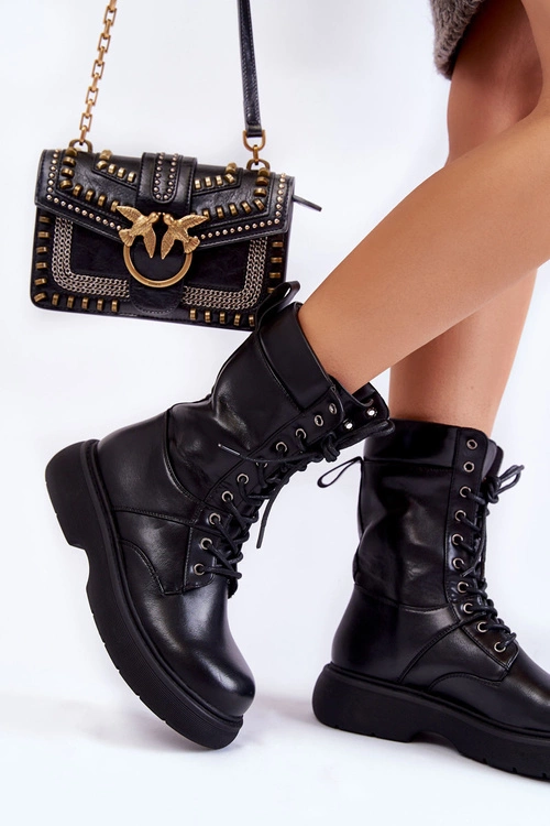 Damskie Skórzane Botki Glany Sznurowane Czarne Passione