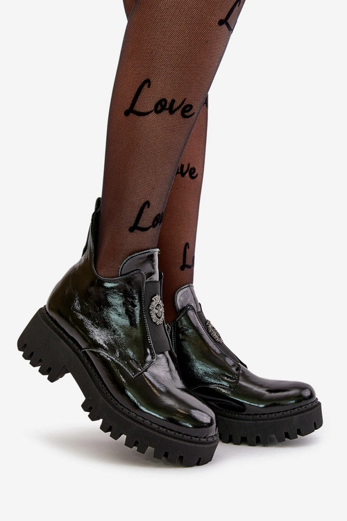 Zazoo 60451 Damskie Skórzane Botki Z Ozdobą Lakierowane Czarne