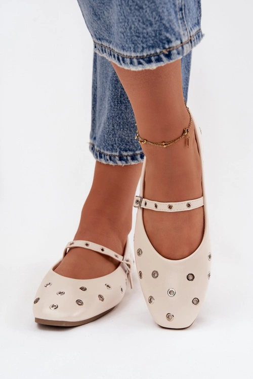 Baleriny Damskie Ze Srebrnymi Elementami Beżowe Marivon