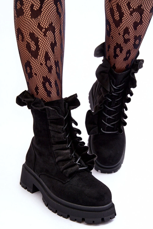 Zamszowe Ocieplane Botki Workery Na Płaskim Obcasie Czarne Nacelle