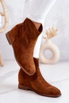 Zamszowe Damskie Botki Ukryty Koturn Camel Solene
