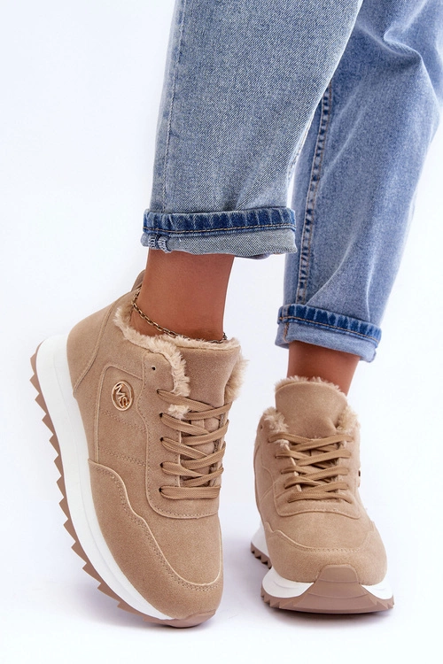 Ocieplane Skórzane Buty Sportowe Na Platformie Ciemnobeżowe Adite