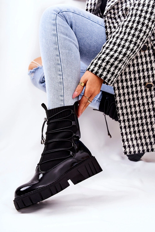 Lakierowane Botki Workery Ze Skarpetą Czarne Connor