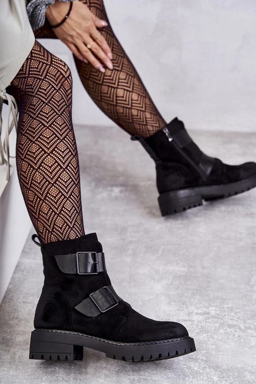 Zamszowe Damskie Botki Na Suwak Czarne Gritta