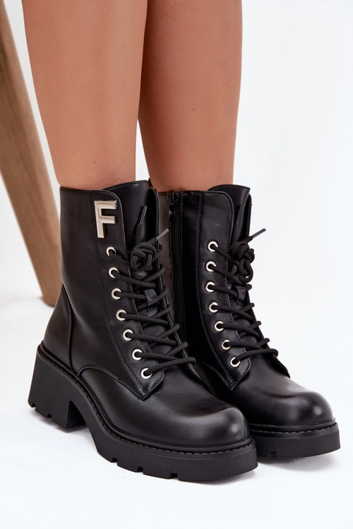 Botki Workery Damskie Na Klocku Ocieplane Z Literą F Czarne Lurina