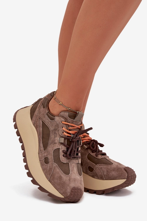 Skórzane Sneakersy Na Platformie Damskie Big Star SS274627 HI-POLY SYSTEM Beżowe