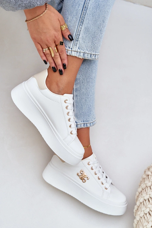 Sneakersy Damskie Na Platformie Biało-Beżowe Temittes