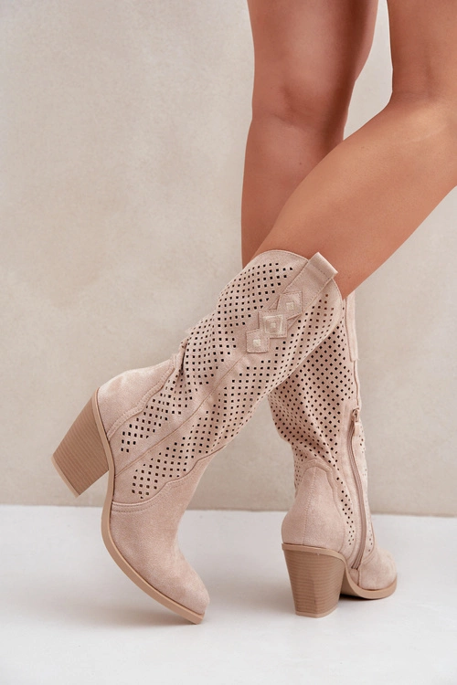 Ażurowe Botki Kowbojki Na Słupku Jasnobeżowe Salive