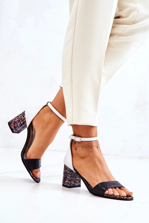 Skórzane Sandałki Na Słupku Czarno-Białe Lorene