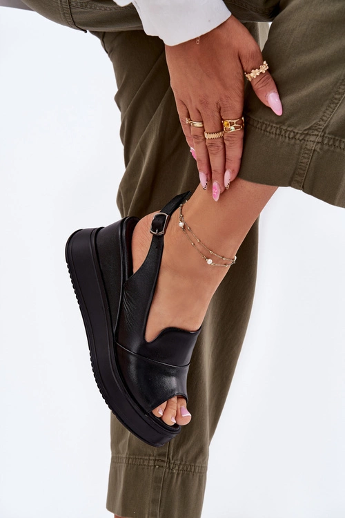 Skórzane Damskie Sandały Na Koturnie Artiker 52C0484 Czarne