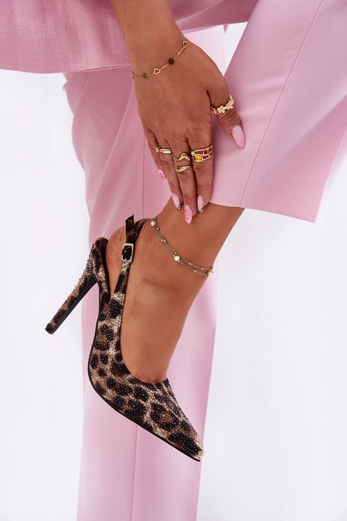 Zdobione Sandały Na Szpilce Panterka Beżowo-Czarne Kemonia