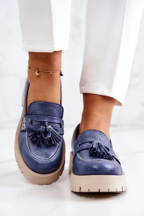 Damskie Skórzane Półbuty Frędzle Maciejka 05497-17 Niebieskie