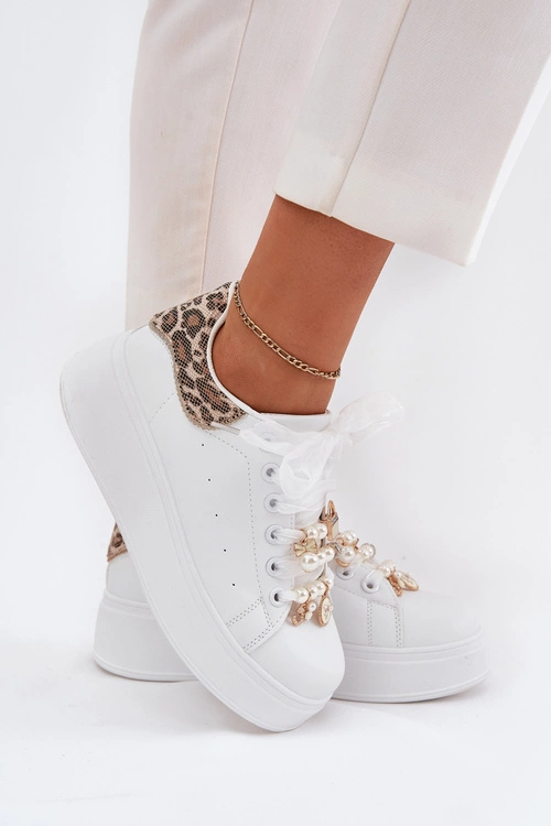 Sneakersy Damskie Na Platformie Z Przypinkami Białe Panterka Ocerdia
