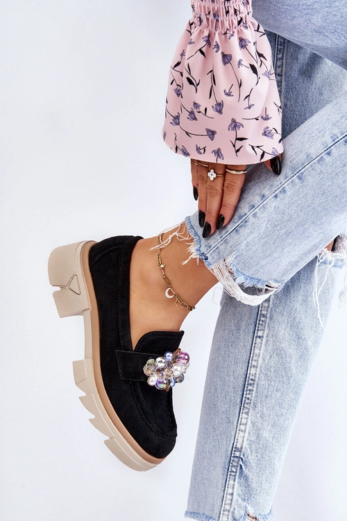 Damskie Półbuty Mokasyny Z Ozdobami Czarne Issac