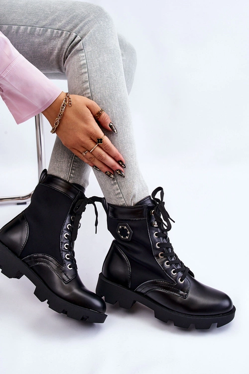 Damskie Sznurowane Botki Trapery Z Ociepleniem Czarne Nomi