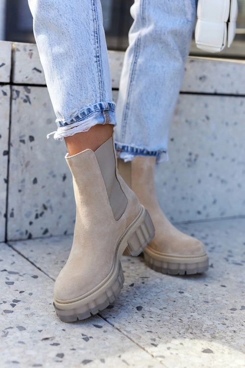 Zamszowe Damskie Botki Workery Jasnobeżowe Kennel