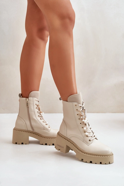 Skórzane Botki Workery Damskie Z Motylem Beżowe CheBello 4590