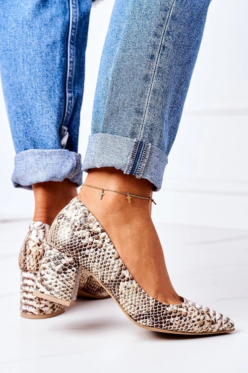 Skórzane Czółenka Z Wężowym Wzorem Lewski Shoes 2801 Złote