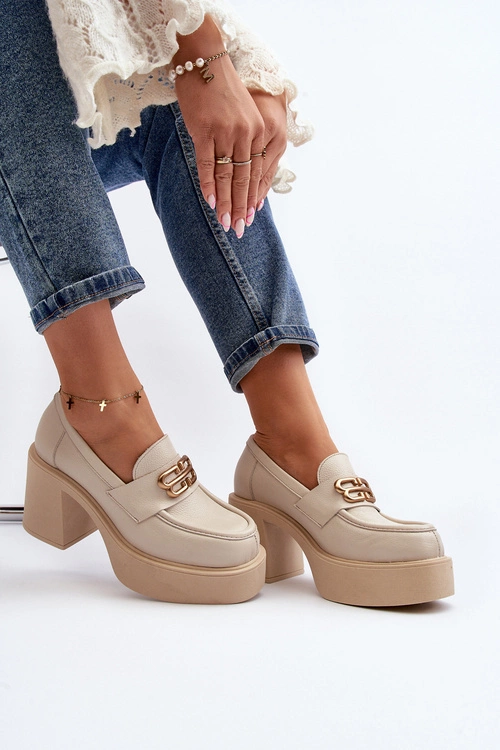 Zazoo 20170 Półbuty Skórzane Damskie Na Słupku Jasnobeżowe