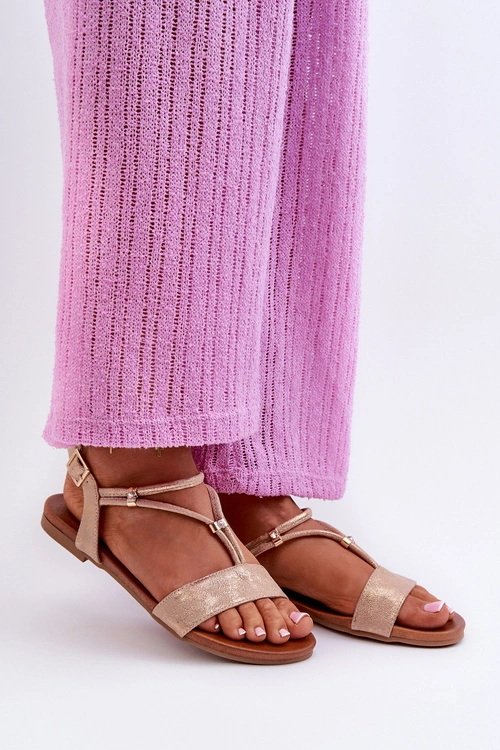 Damskie Płaskie Sandały Z Paskami S.Barski KV27-010 Beżowo-Złote