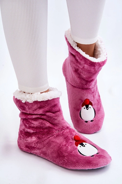Damskie Wsuwane Ocieplane Papcie Z Pingwinami Fioletowe