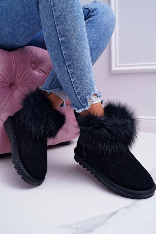 Damskie Botki Śniegowce Ocieplane Futerkiem Skóra Zamsz Czarne Memento