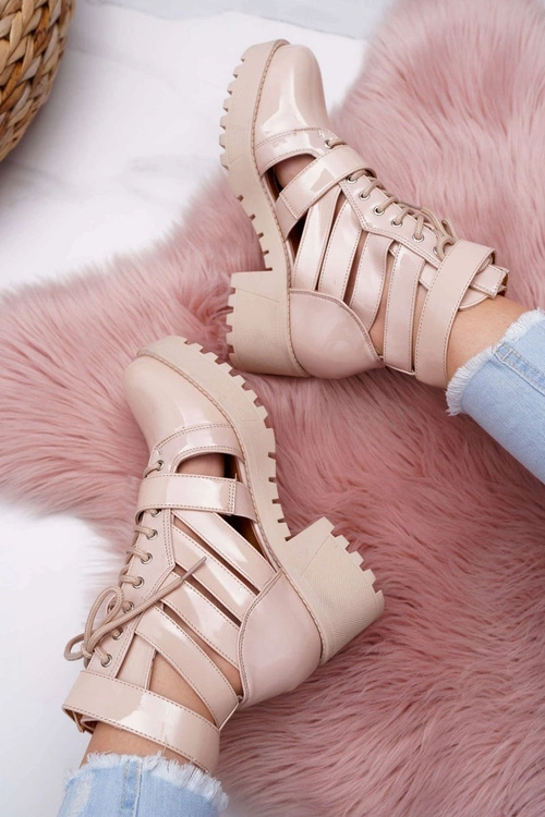 Botki Damskie Płaski Obcas Wiosenne Lakierowane Beżowe Single