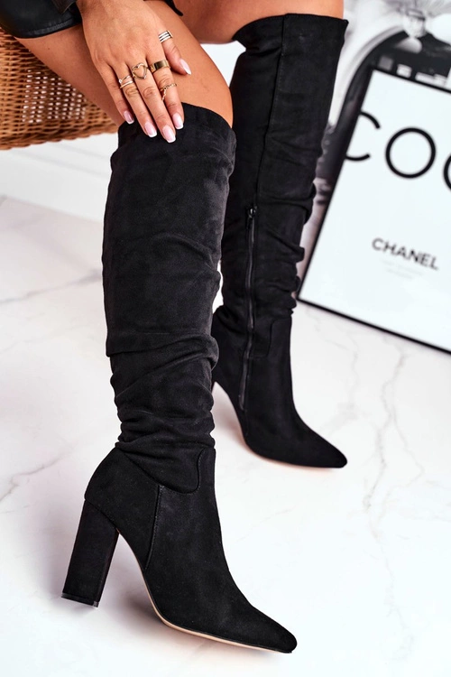 Kozaki Damskie Na Słupku Zamszowe Czarne Pomestro