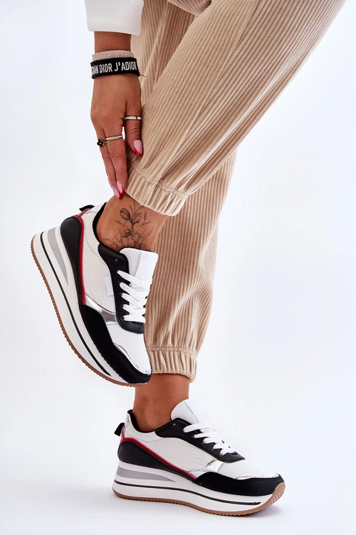 Damskie Buty Sportowe Na Koturnie I Platformie Biało-Czarne Allen