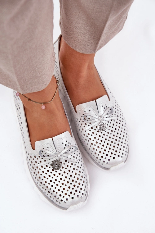 Skórzane Ażurowe Półbuty Damskie Z Naturalnej Skóry D&A LR51-631 Srebrne