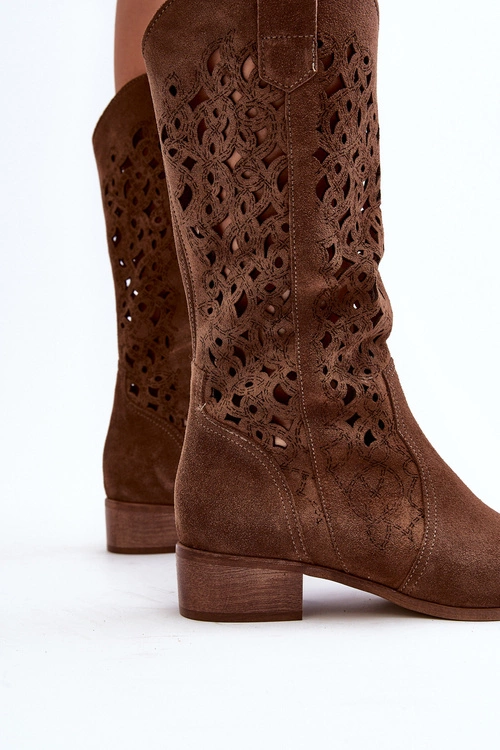 Zazoo 3403 Ażurowe Kozaki Damskie Na Niskim Obcasie Brązowe