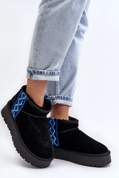 Skórzane Zamszowe Śniegowce Damskie Na Grubej Podeszwie Czarne Vebissat