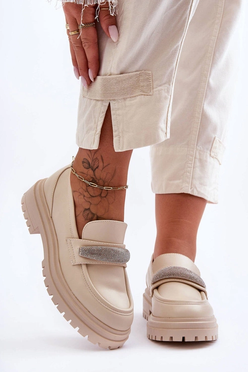 Masywne Skórzane Mokasyny Z Ozdobą Beżowe Aricka