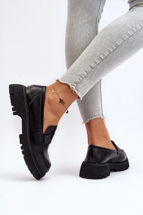 Mokasyny Damskie Z Paskiem Czarne Flanila