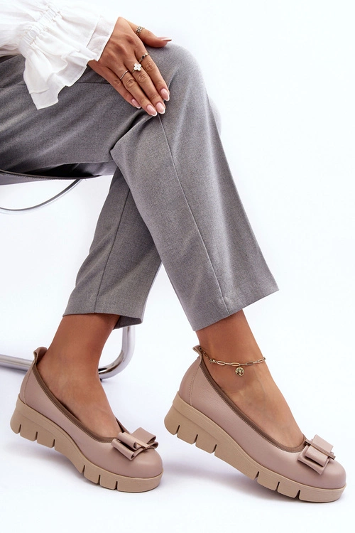 Baleriny Skórzane Na Platformie Z Ozdobą Beżowe Lewski 3384